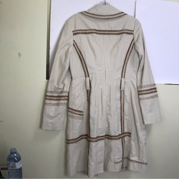 Cole Haan Cotton Lambskin Leather Detail Boho Trench Coat Jacket Fitted Pockets - Picture 3 of 16